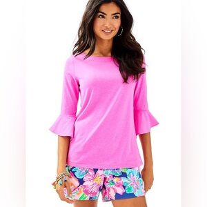 Lilly pulitzer FONTAINE TOP NEW XXS mandevilla pink bell sleeves.